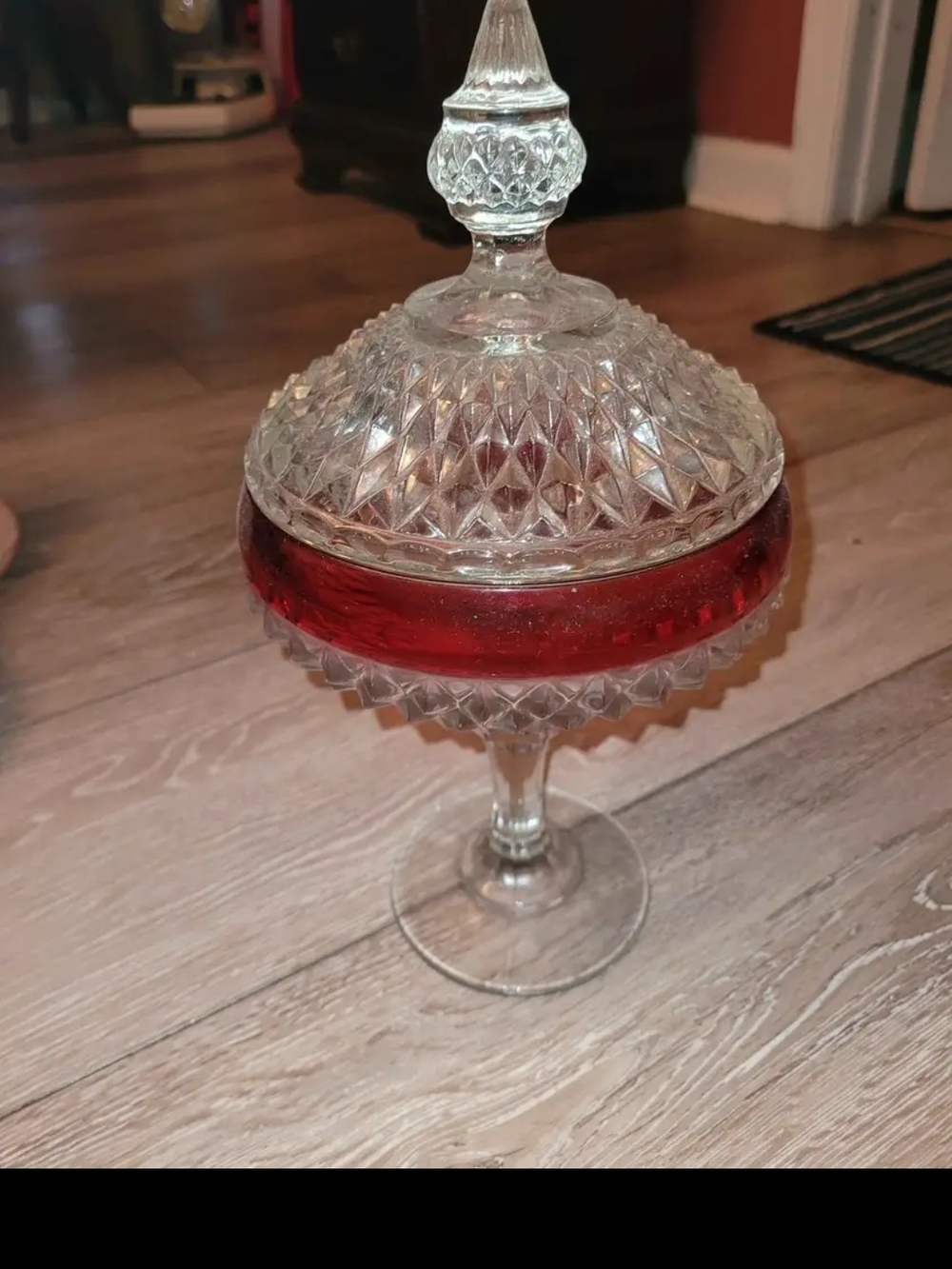 Clear Cut Glass Compote with Red Accent Lid - Elegant Home Dining Decor